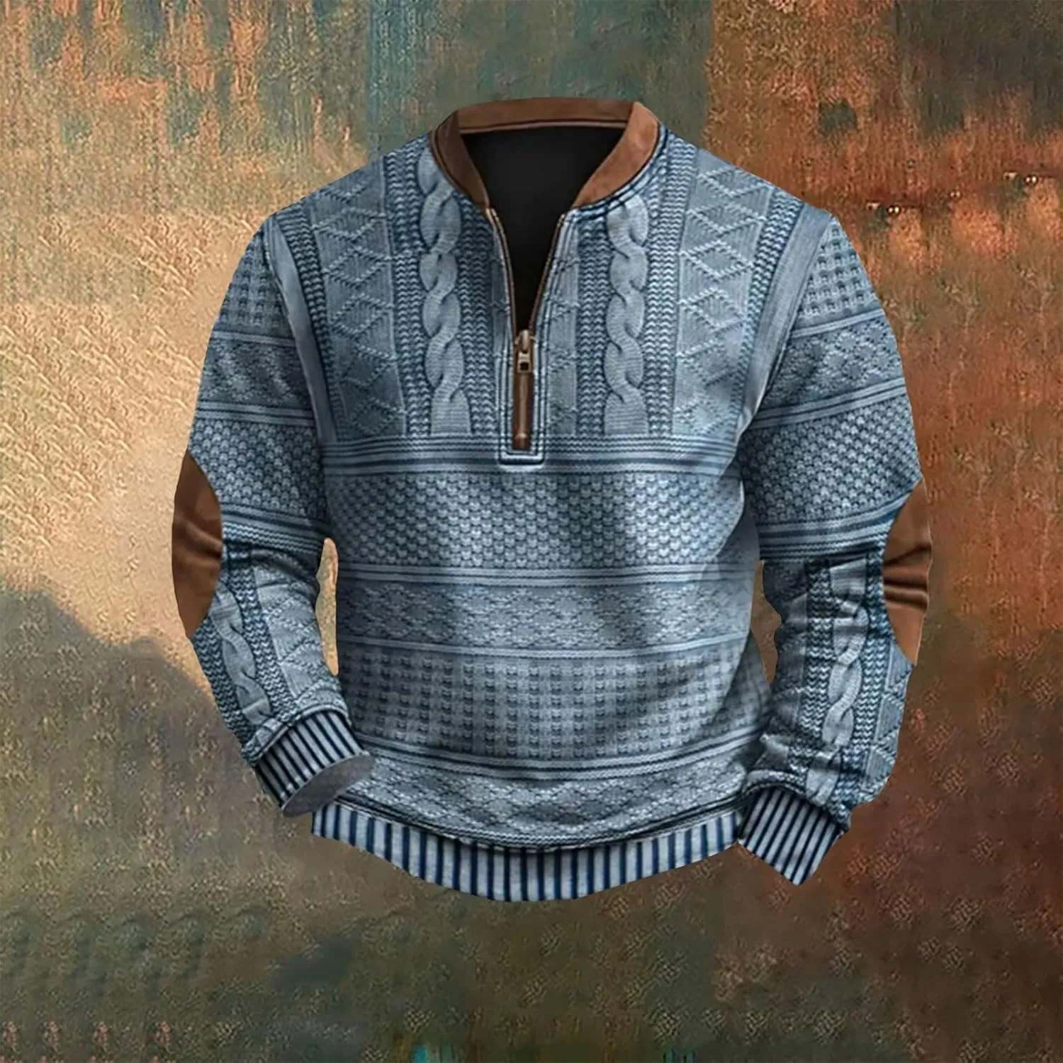 Mens Quarter Zip Sweatshirt Vintage Knit Print Graphic Sweatshirt Stand Collar Pullover Sweater Fall Winter Clothing