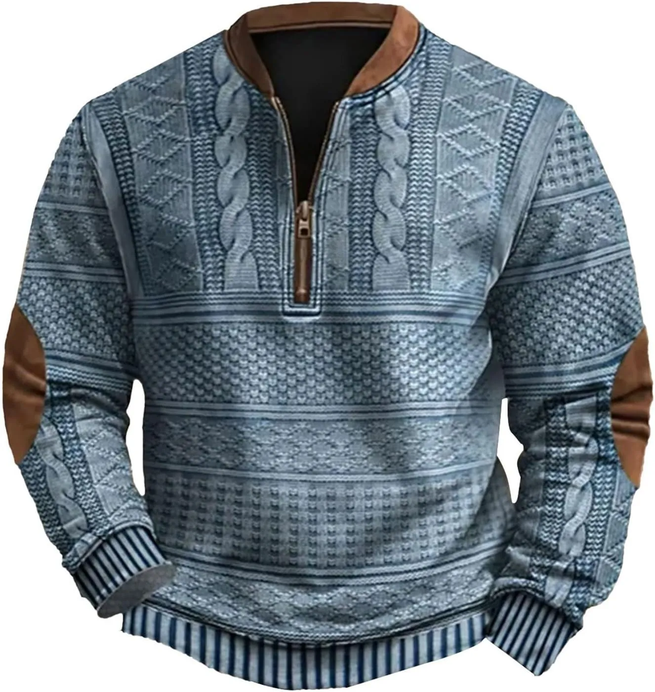 Mens Quarter Zip Sweatshirt Vintage Knit Print Graphic Sweatshirt Stand Collar Pullover Sweater Fall Winter Clothing