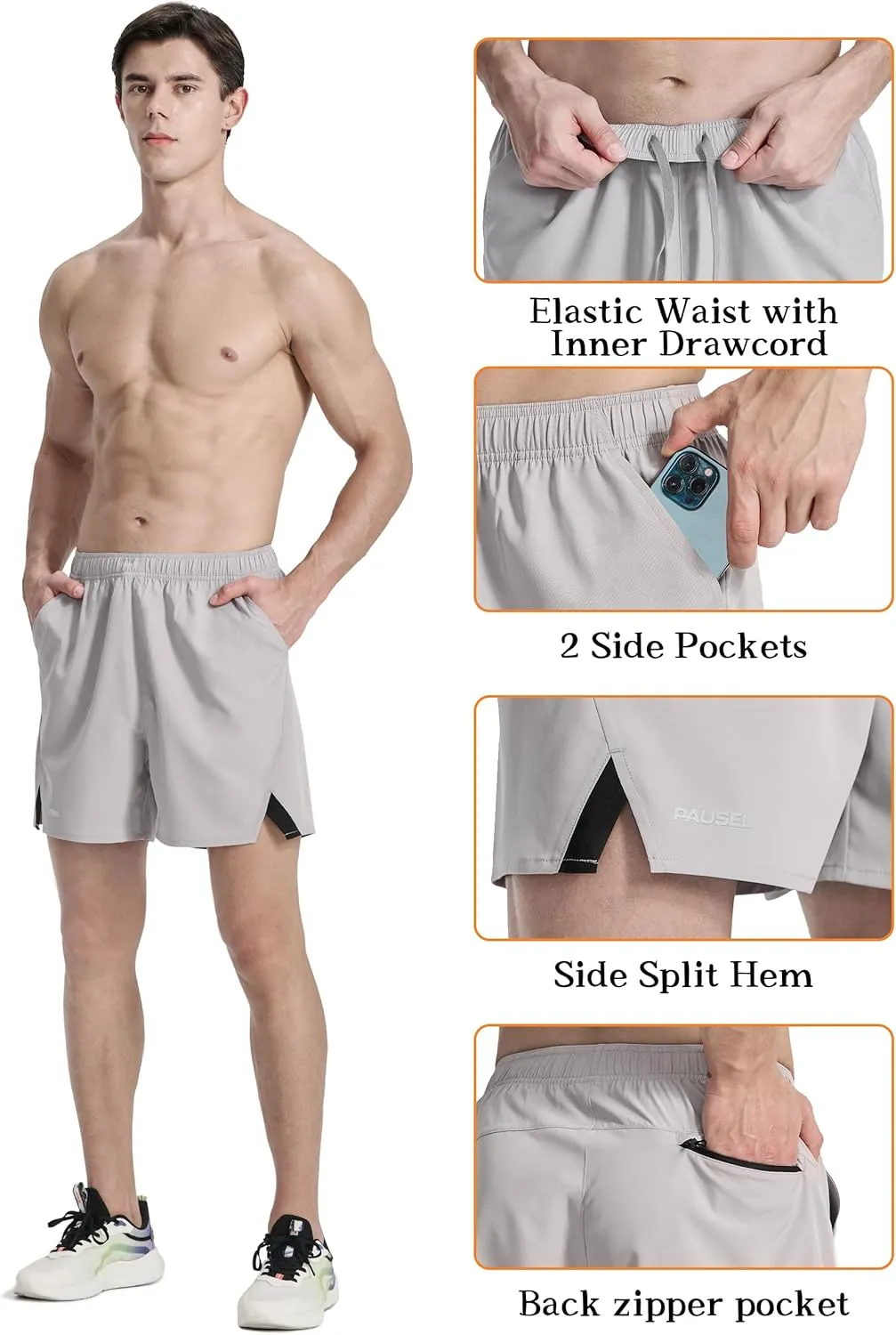 Men's Running Athletic Shorts 5 inch Quick Dry Workout Short Tennis Gym Shorts with Zipper Pockets