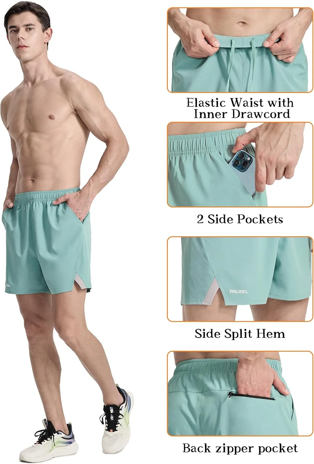 Men's Running Athletic Shorts 5 inch Quick Dry Workout Short Tennis Gym Shorts with Zipper Pockets