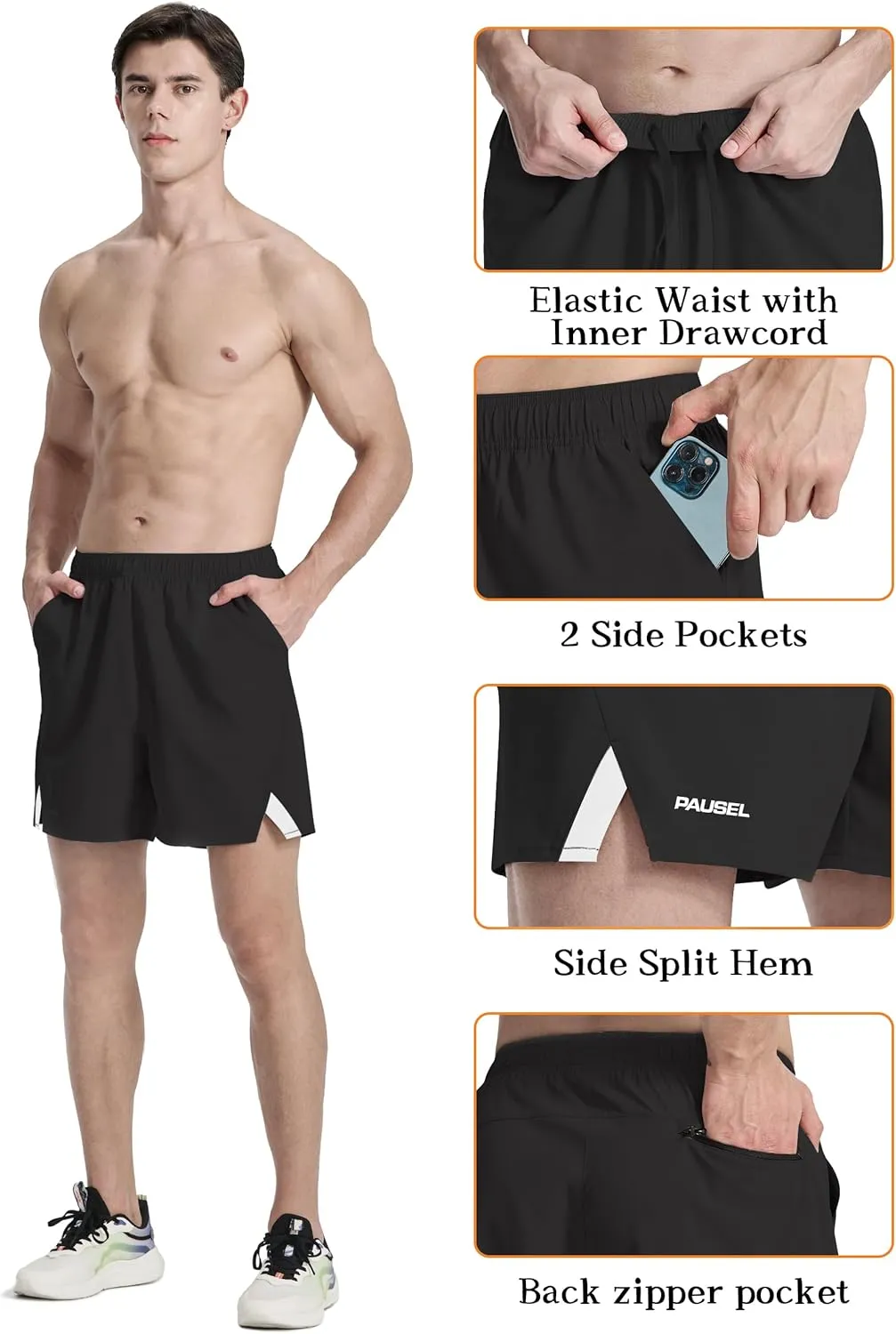 Men's Running Athletic Shorts 5 inch Quick Dry Workout Short Tennis Gym Shorts with Zipper Pockets