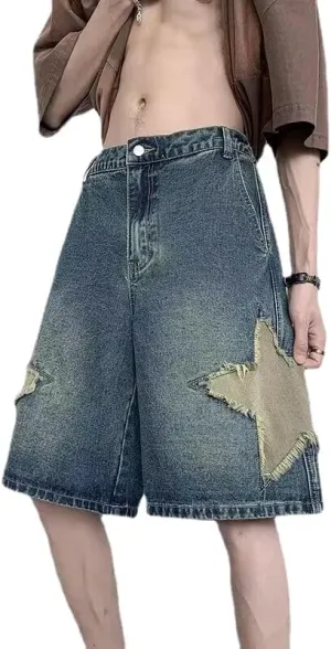 Men's Star Patchwork Denim Shorts Y2K Wide Leg Jeans Vintage Baggy Shorts Punk Goth High Waisted Shorts Emo Streetwear