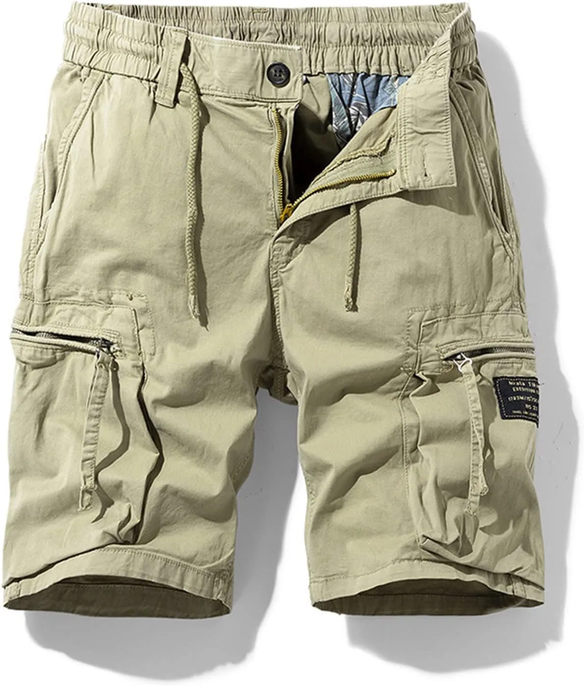 Mens Stretch Shorts Classic Fit Cotton Drawstring Multi Pockets Solid Cargo Shorts Fashion Work Tooling Shorts