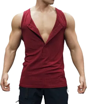 Men's Striped Knit Tank Top Sleeveless Gym Workout Casual Slim Fit Outfit Half Button Quick Dry Training Beach Summer Wear