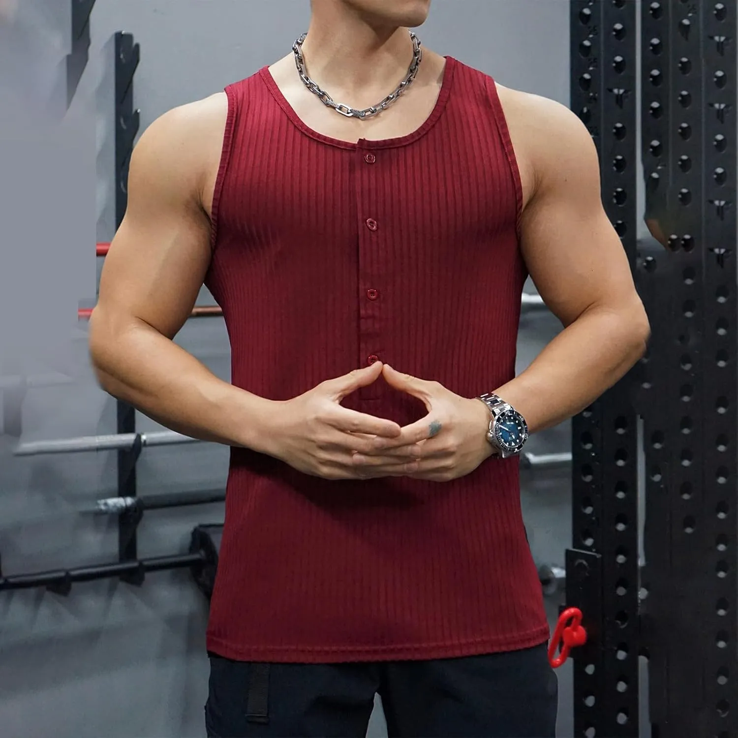 Men's Striped Knit Tank Top Sleeveless Gym Workout Casual Slim Fit Outfit Half Button Quick Dry Training Beach Summer Wear