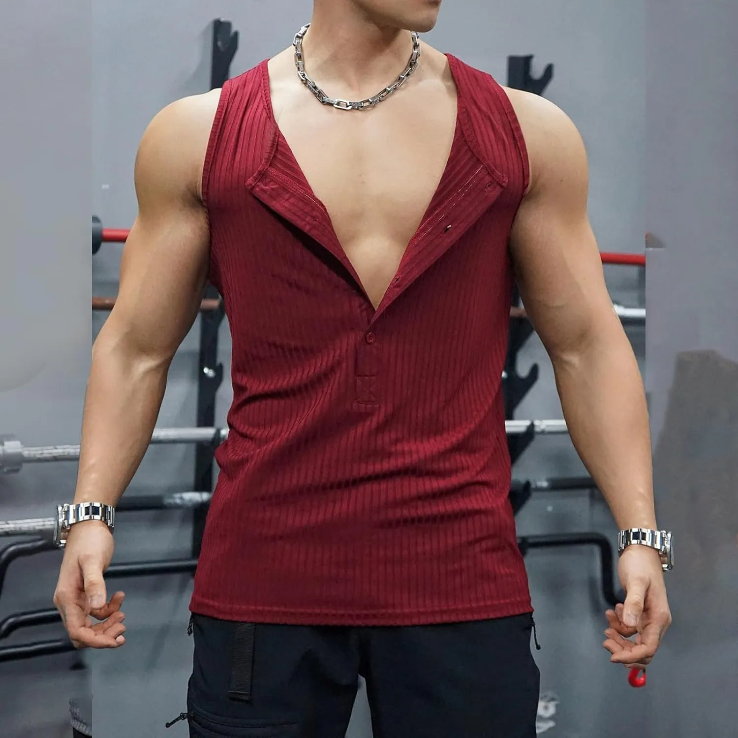 Men's Striped Knit Tank Top Sleeveless Gym Workout Casual Slim Fit Outfit Half Button Quick Dry Training Beach Summer Wear