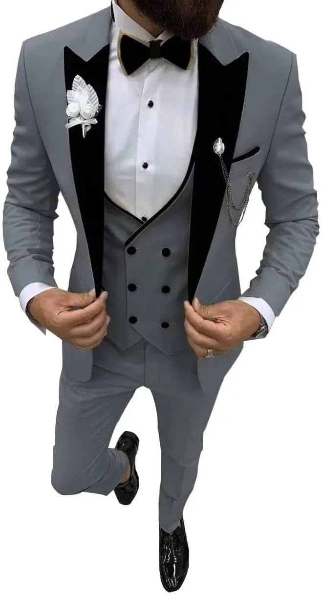Men's Suit 3 Pieces Slim Fit One Button Blazer Tuxedos Wedding Suits for Men Double Breasted Vest Formal Suits