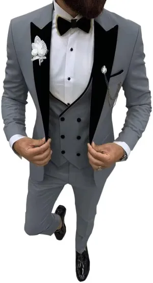 Men's Suit 3 Pieces Slim Fit One Button Blazer Tuxedos Wedding Suits for Men Double Breasted Vest Formal Suits