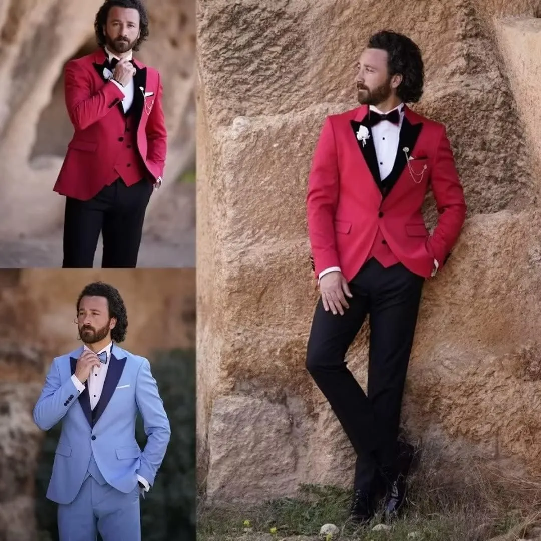 Men's Suit 3 Pieces Slim Fit One Button Blazer Tuxedos Wedding Suits for Men Double Breasted Vest Formal Suits