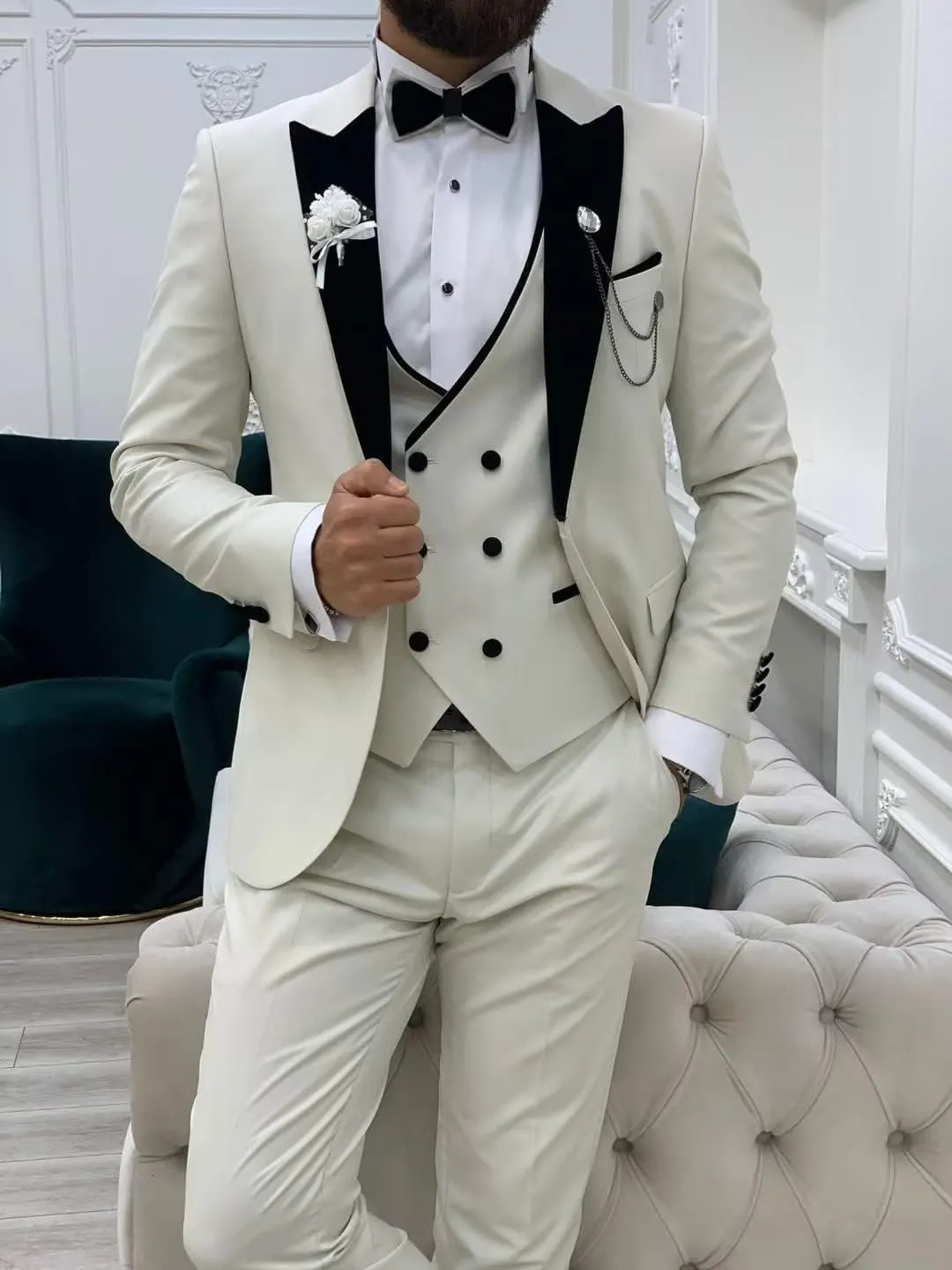 Men's Suit 3 Pieces Slim Fit One Button Blazer Tuxedos Wedding Suits for Men Double Breasted Vest Formal Suits