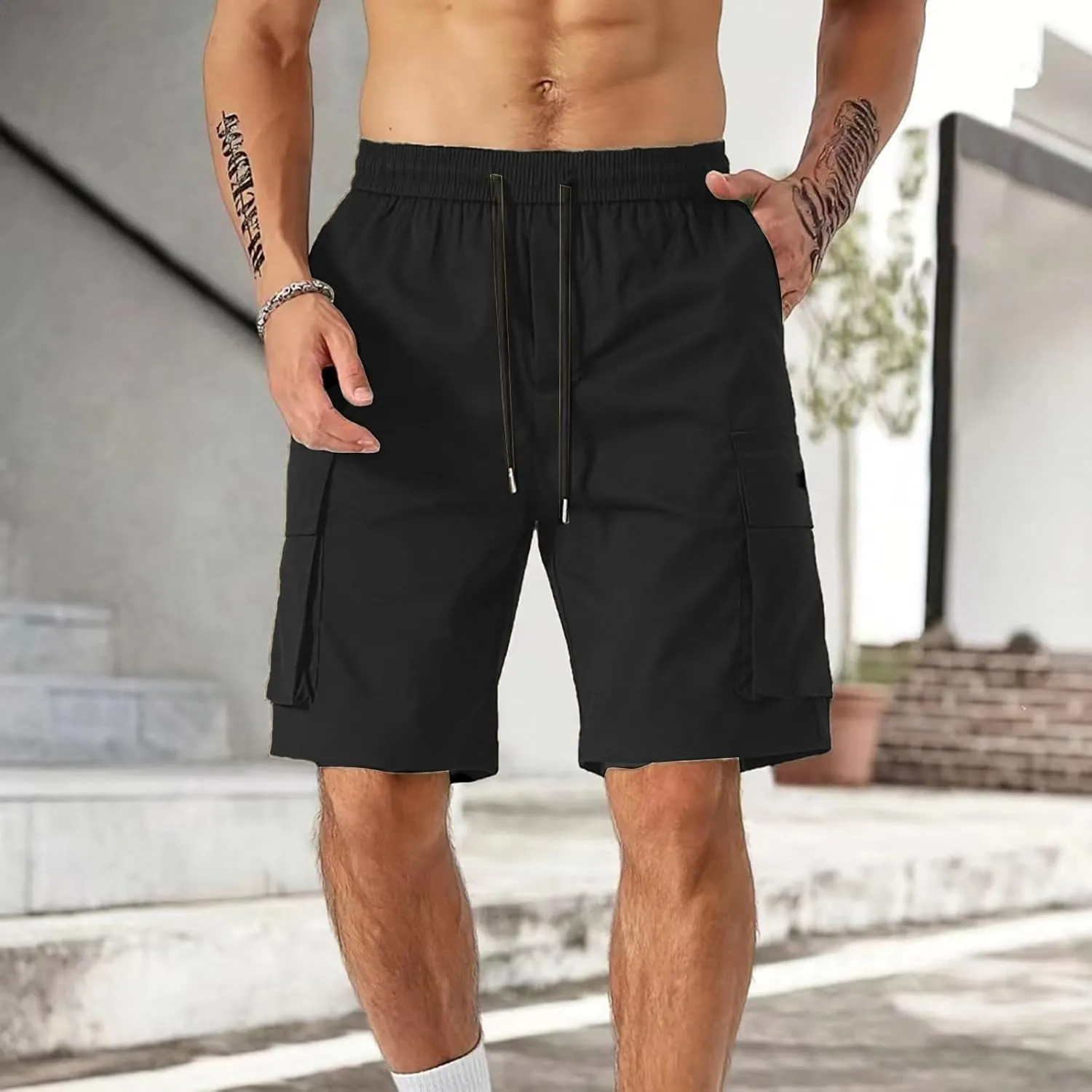 Mens Summer Shorts Relaxed Fit Elastic Waist Cargo Shorts with Multi Pockets Summer Breathable Work Hiking Short