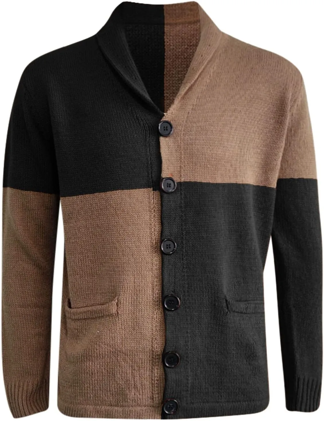 Mens Sweater Jacket Mens Patchwork Wool Blended Shawl Collar Cardigan Sweater Button Down with Pockets