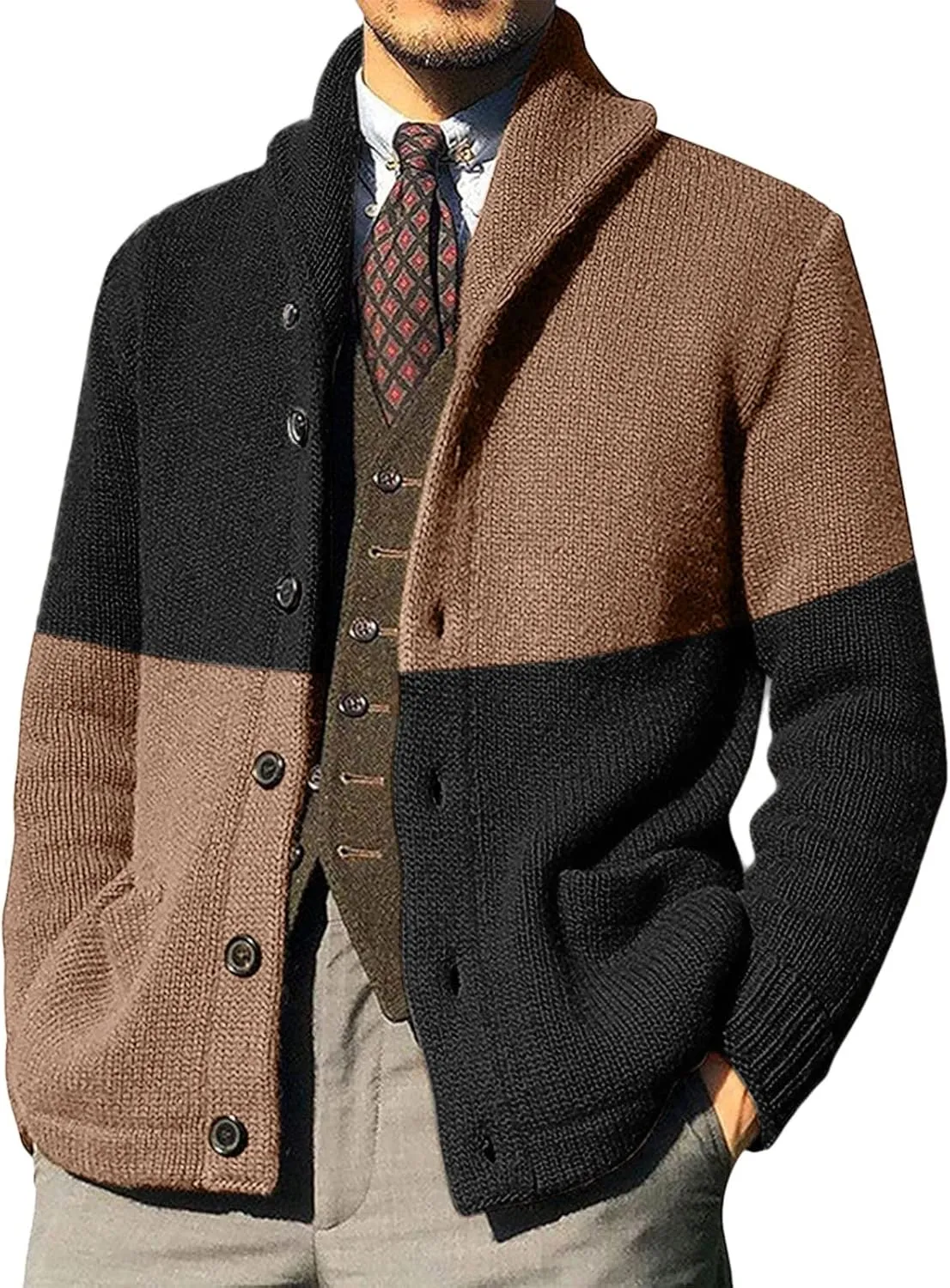 Mens Sweater Jacket Mens Patchwork Wool Blended Shawl Collar Cardigan Sweater Button Down with Pockets