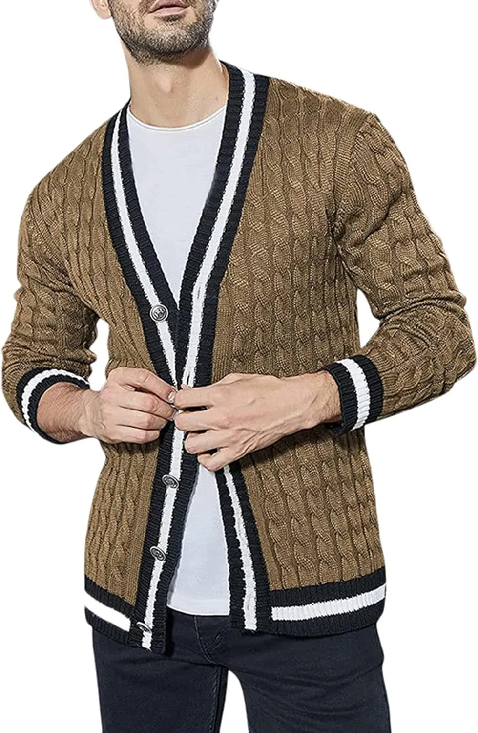 Mens Sweater Men's Patchwork V Neck Open Front Button Down Long Sleeve Knitted Cardigan Sweater