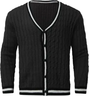 Mens Sweater Men's Patchwork V Neck Open Front Button Down Long Sleeve Knitted Cardigan Sweater