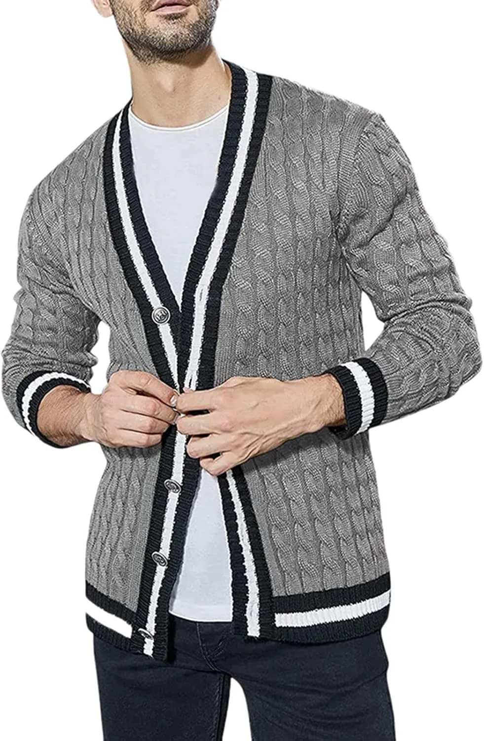 Mens Sweater Men's Patchwork V Neck Open Front Button Down Long Sleeve Knitted Cardigan Sweater