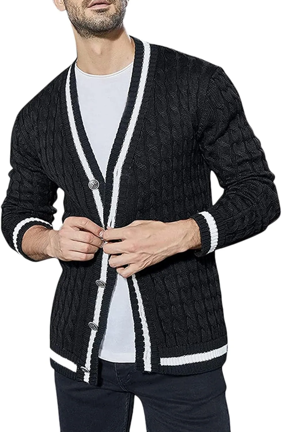 Mens Sweater Men's Patchwork V Neck Open Front Button Down Long Sleeve Knitted Cardigan Sweater