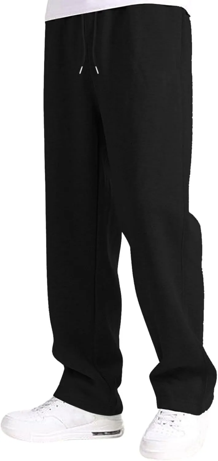 Mens Sweatpants Open Bottom Athletic Baggy Straight Leg Pants Casual Drawstring Waist Fleece Joggers with Pockets
