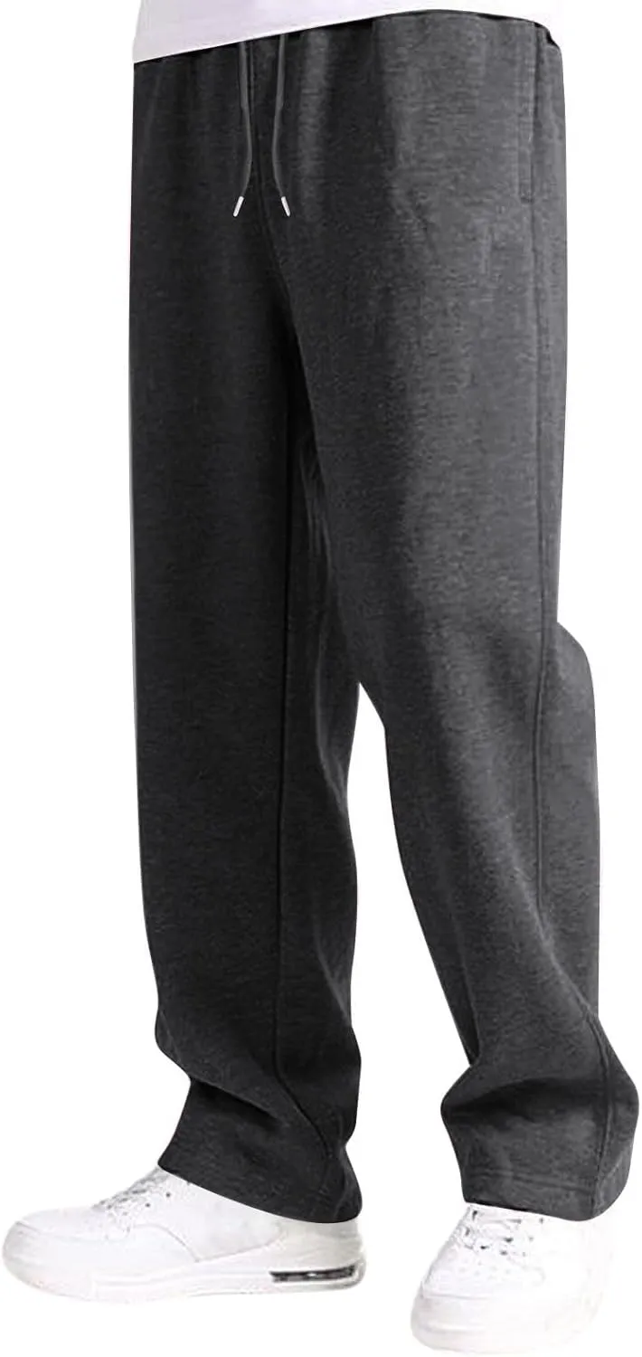 Mens Sweatpants Open Bottom Athletic Baggy Straight Leg Pants Casual Drawstring Waist Fleece Joggers with Pockets