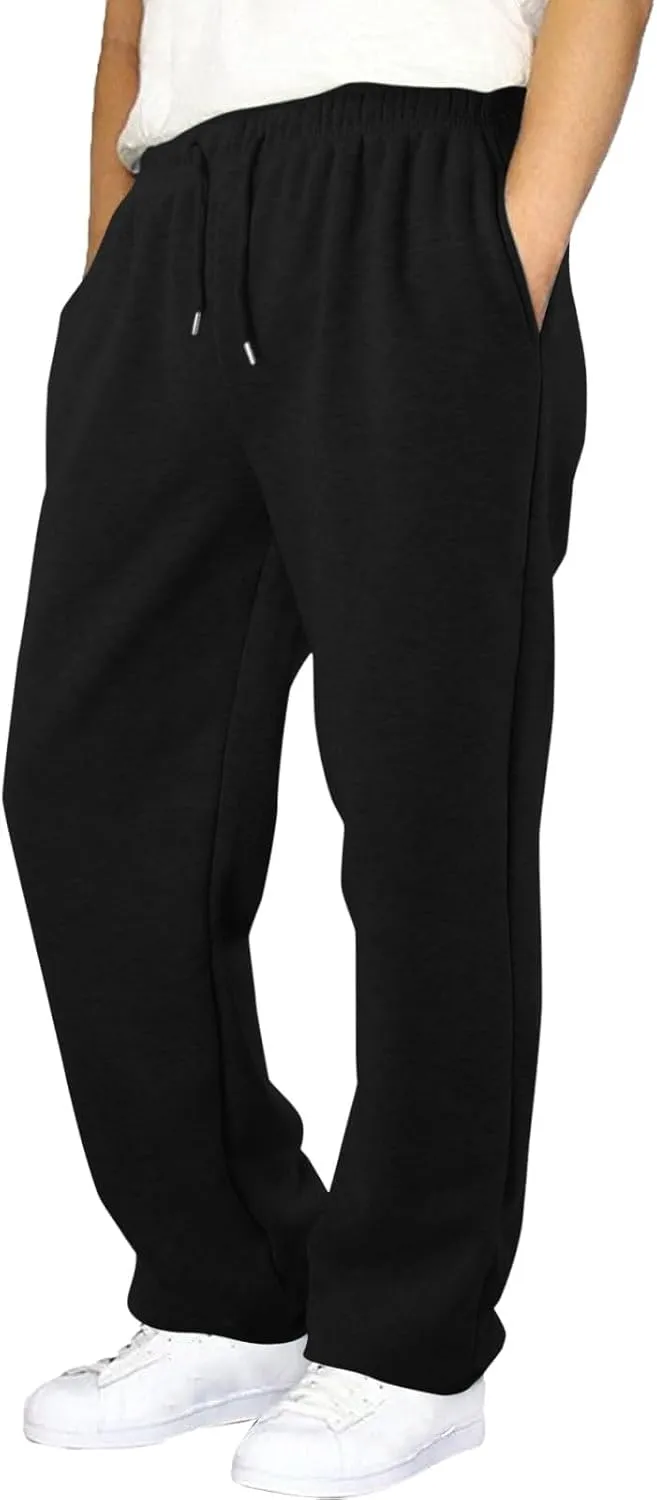 Mens Sweatpants Open Bottom Athletic Baggy Straight Leg Pants Casual Drawstring Waist Fleece Joggers with Pockets