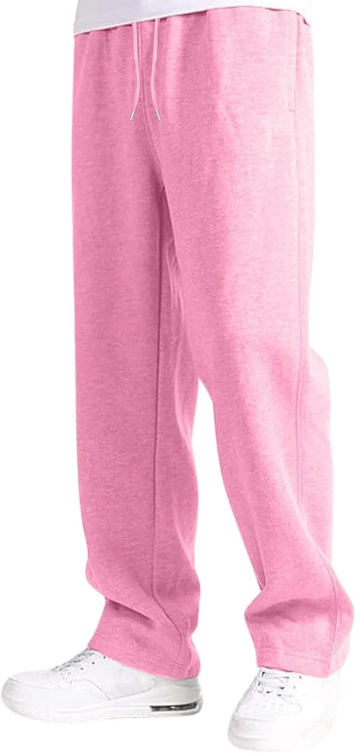 Mens Sweatpants Open Bottom Athletic Baggy Straight Leg Pants Casual Drawstring Waist Fleece Joggers with Pockets