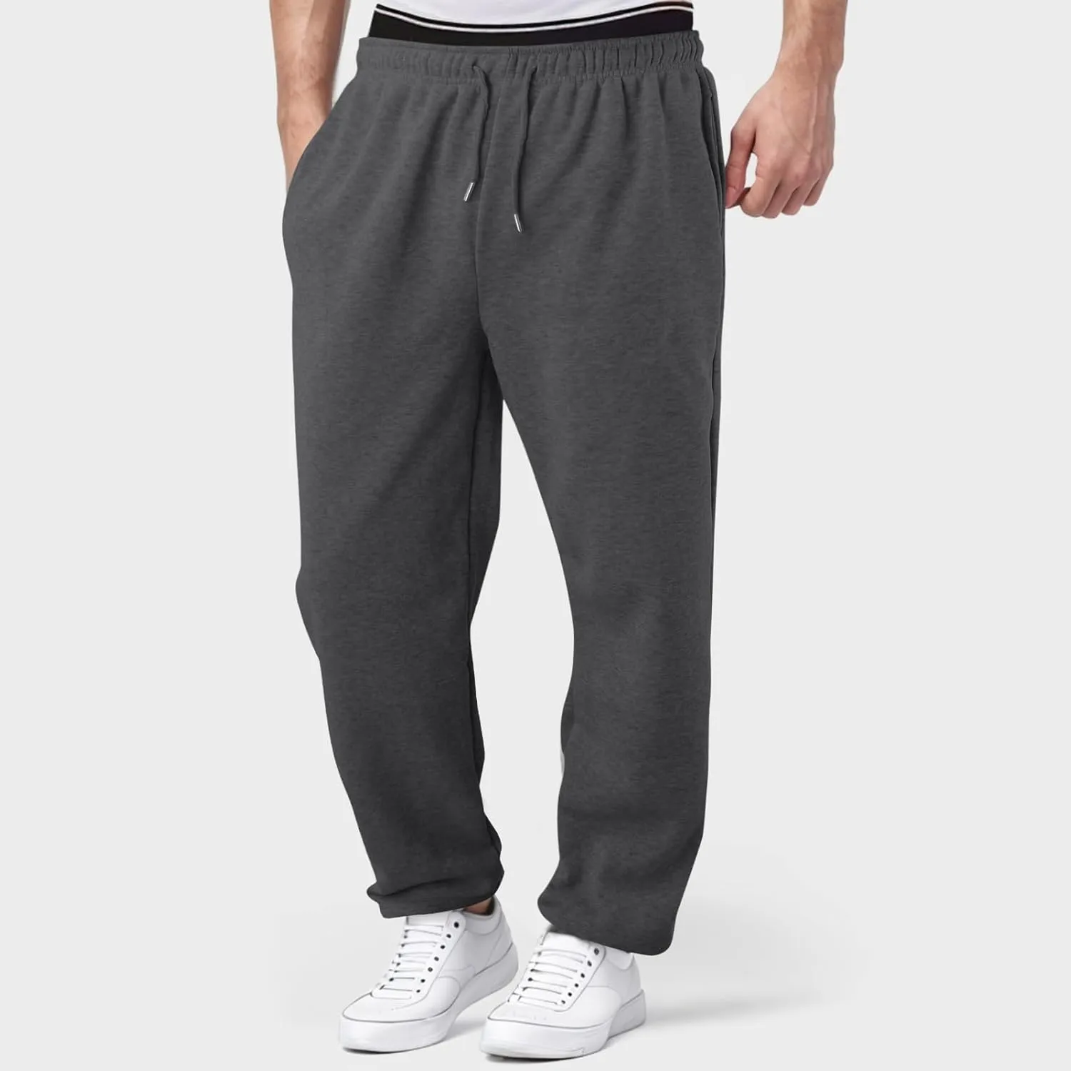 Mens Sweatpants with Pockets Lightweight Lace Up Workout Pants Fleece Lined Joggers Pants Casual Cotton Yoga Pants