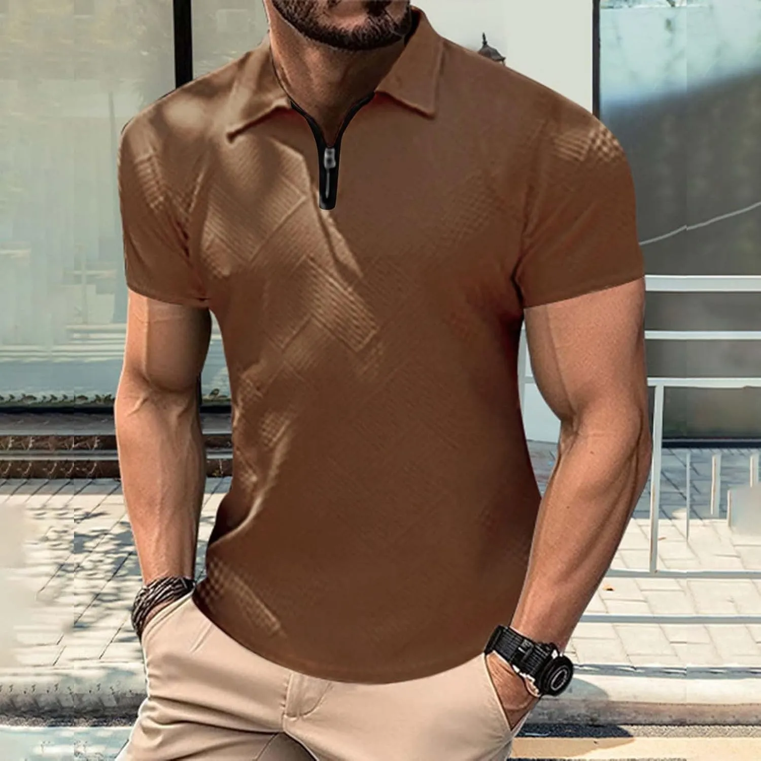 Men's Textured Polo Shirt Short Sleeve Zip Up Collar Business Casual Loungewear Solid Color Quick Dry Travel Office Blouse