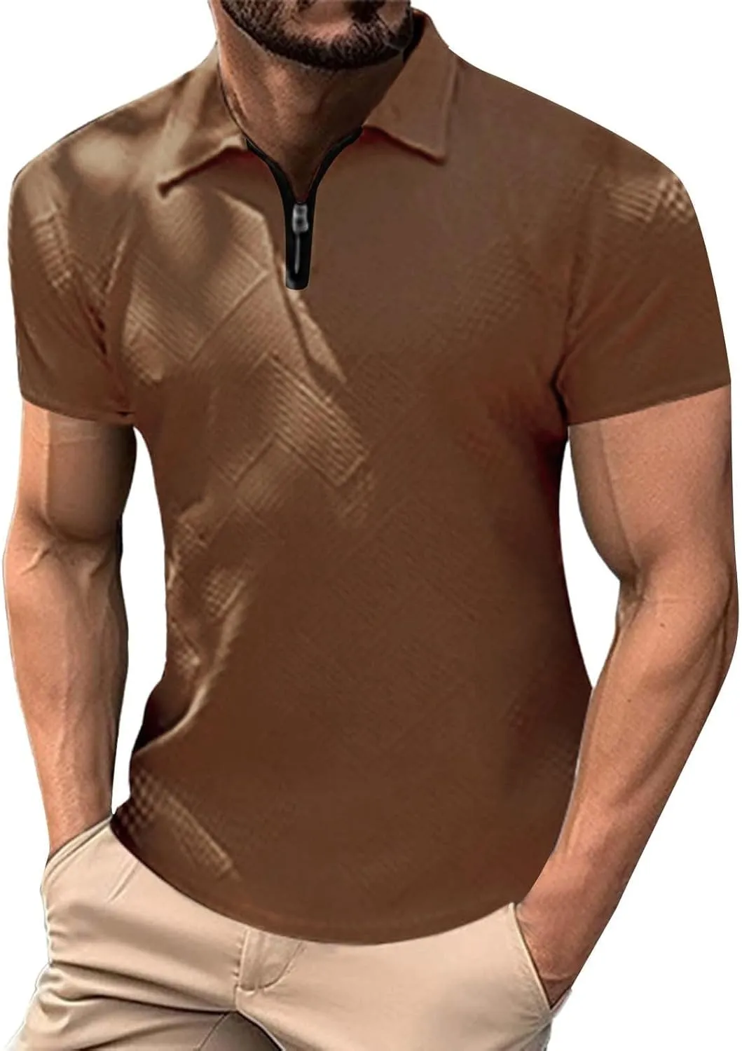 Men's Textured Polo Shirt Short Sleeve Zip Up Collar Business Casual Loungewear Solid Color Quick Dry Travel Office Blouse