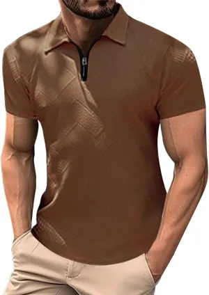 Men's Textured Polo Shirt Short Sleeve Zip Up Collar Business Casual Loungewear Solid Color Quick Dry Travel Office Blouse