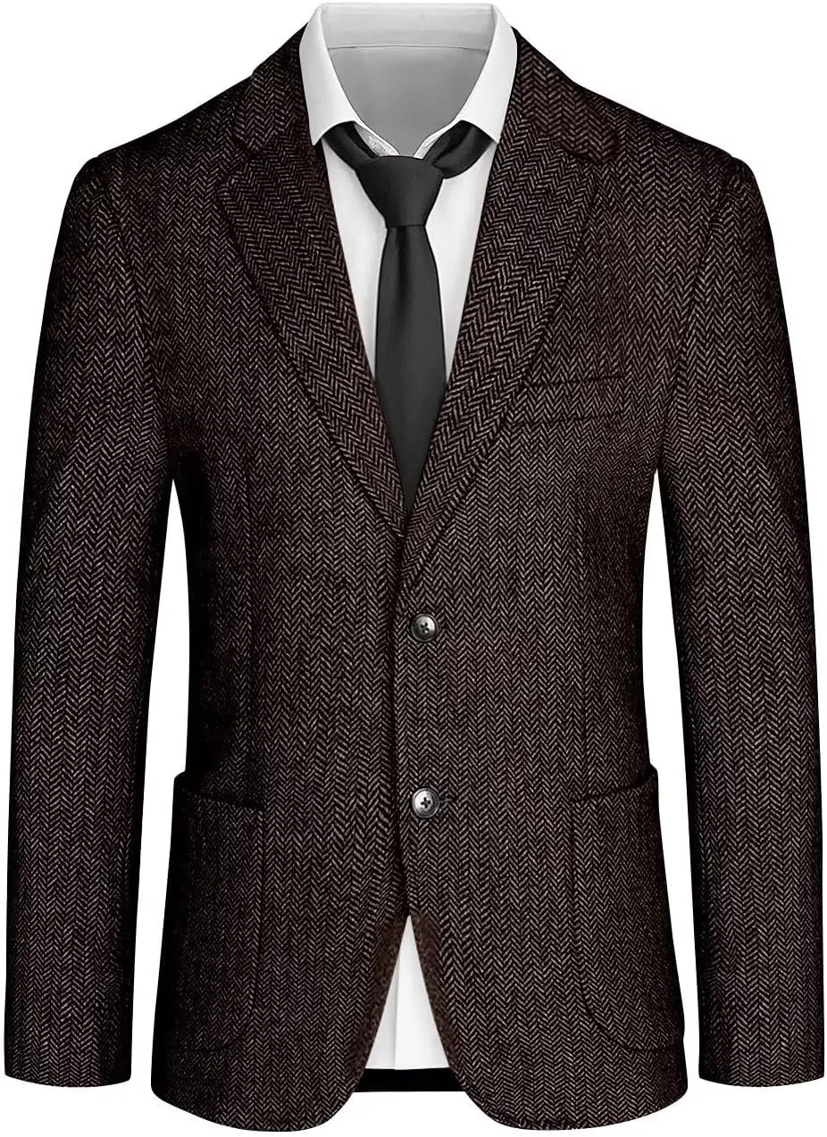 Mens Tweed Blazer Retro Herringbone Slim Fit Sport Coats Two Button Notch Lapel Prom Business Blazer