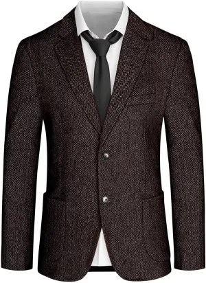 Mens Tweed Blazer Retro Herringbone Slim Fit Sport Coats Two Button Notch Lapel Prom Business Blazer