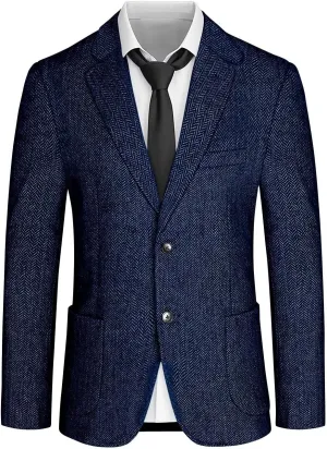 Mens Tweed Blazer Retro Herringbone Slim Fit Sport Coats Two Button Notch Lapel Prom Business Blazer