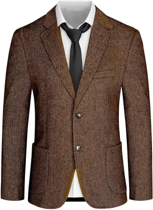 Mens Tweed Blazer Retro Herringbone Slim Fit Sport Coats Two Button Notch Lapel Prom Business Blazer
