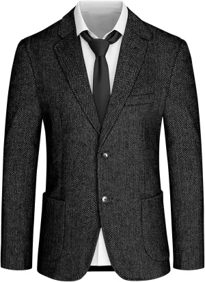 Mens Tweed Blazer Retro Herringbone Slim Fit Sport Coats Two Button Notch Lapel Prom Business Blazer