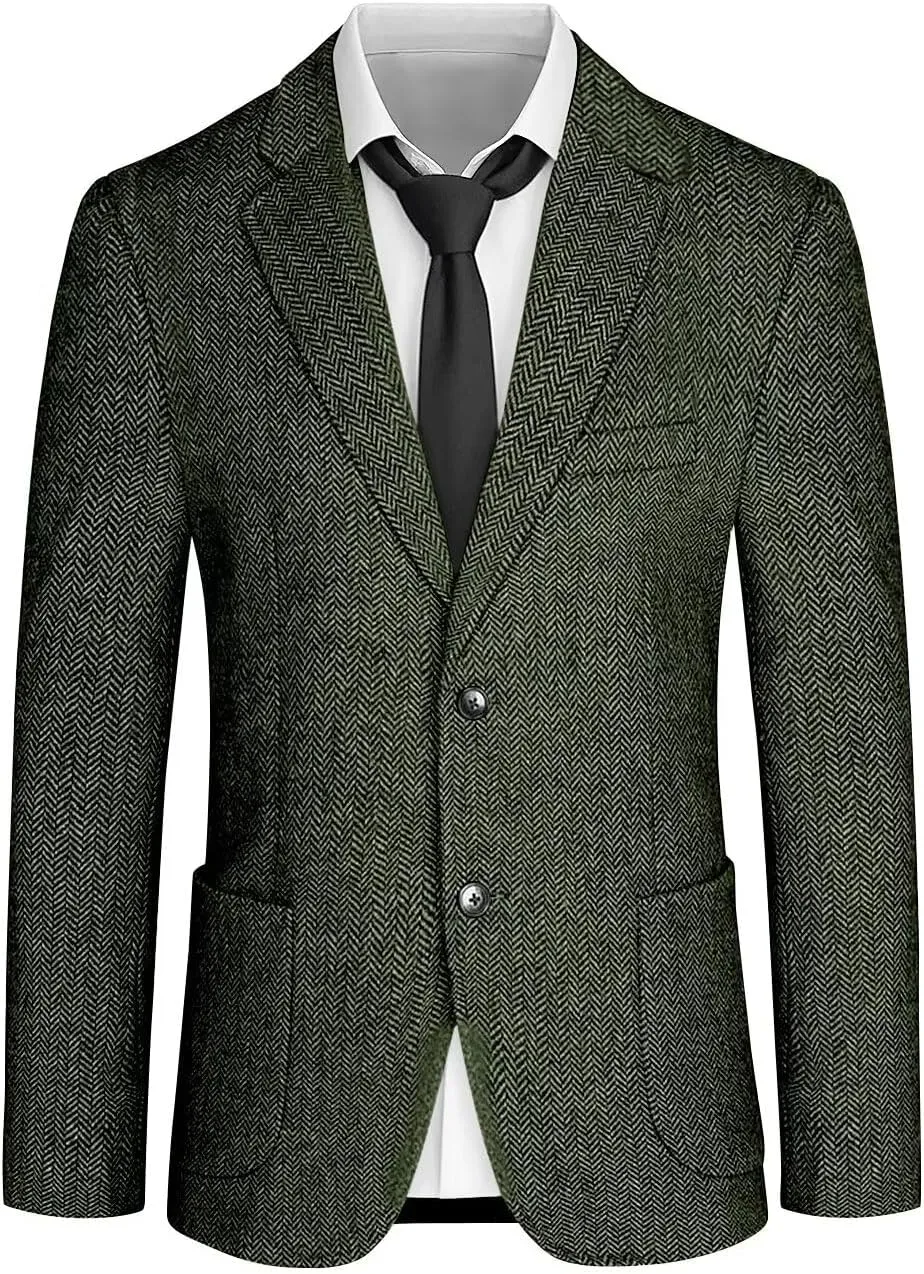 Mens Tweed Blazer Retro Herringbone Slim Fit Sport Coats Two Button Notch Lapel Prom Business Blazer