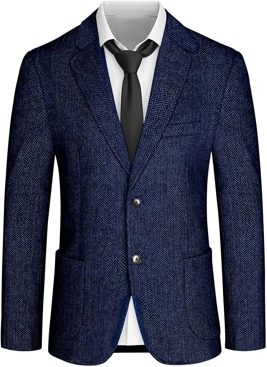 Mens Tweed Blazer Retro Herringbone Slim Fit Sport Coats Two Button Notch Lapel Prom Business Blazer
