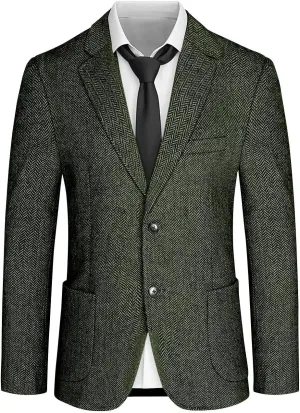 Mens Tweed Blazer Retro Herringbone Slim Fit Sport Coats Two Button Notch Lapel Prom Business Blazer