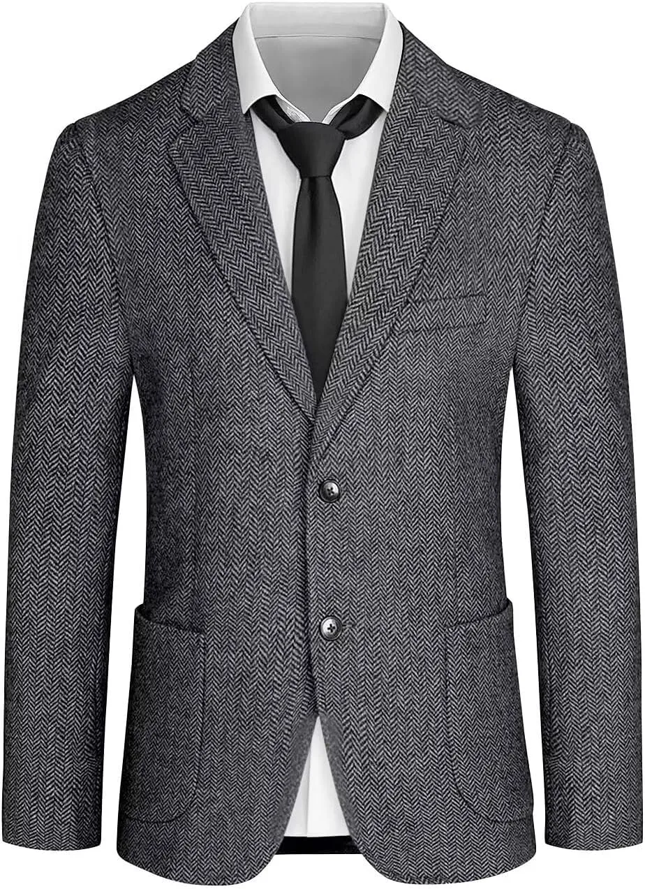 Mens Tweed Blazer Retro Herringbone Slim Fit Sport Coats Two Button Notch Lapel Prom Business Blazer
