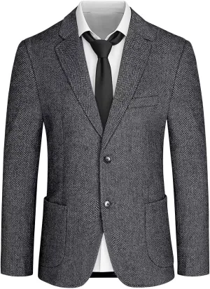Mens Tweed Blazer Retro Herringbone Slim Fit Sport Coats Two Button Notch Lapel Prom Business Blazer