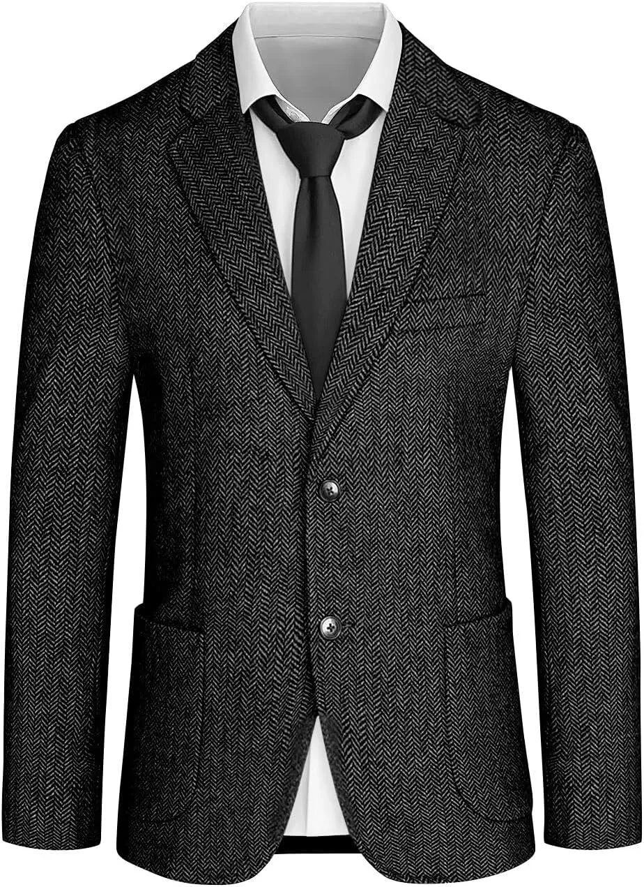 Mens Tweed Blazer Retro Herringbone Slim Fit Sport Coats Two Button Notch Lapel Prom Business Blazer