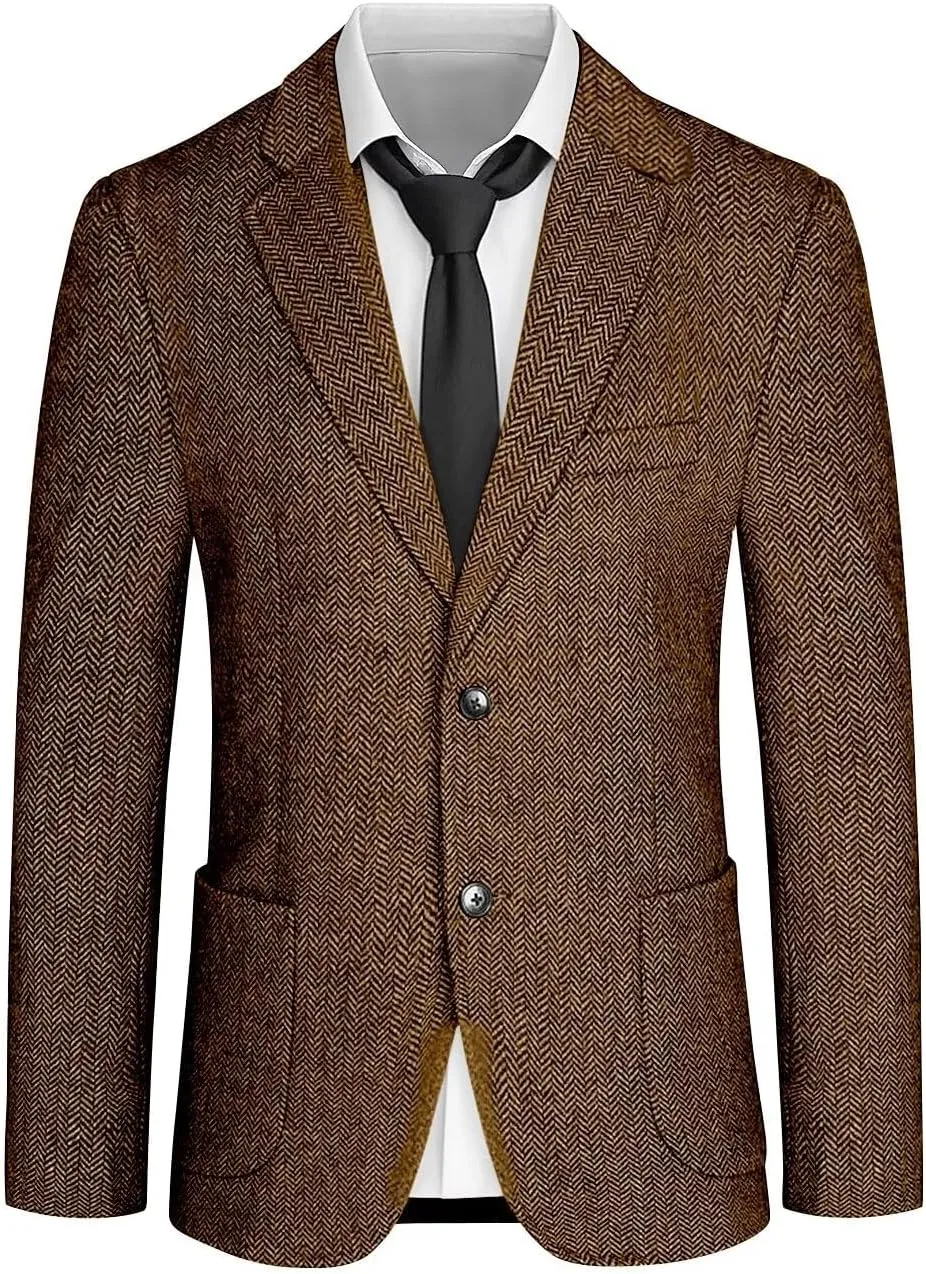 Mens Tweed Blazer Retro Herringbone Slim Fit Sport Coats Two Button Notch Lapel Prom Business Blazer