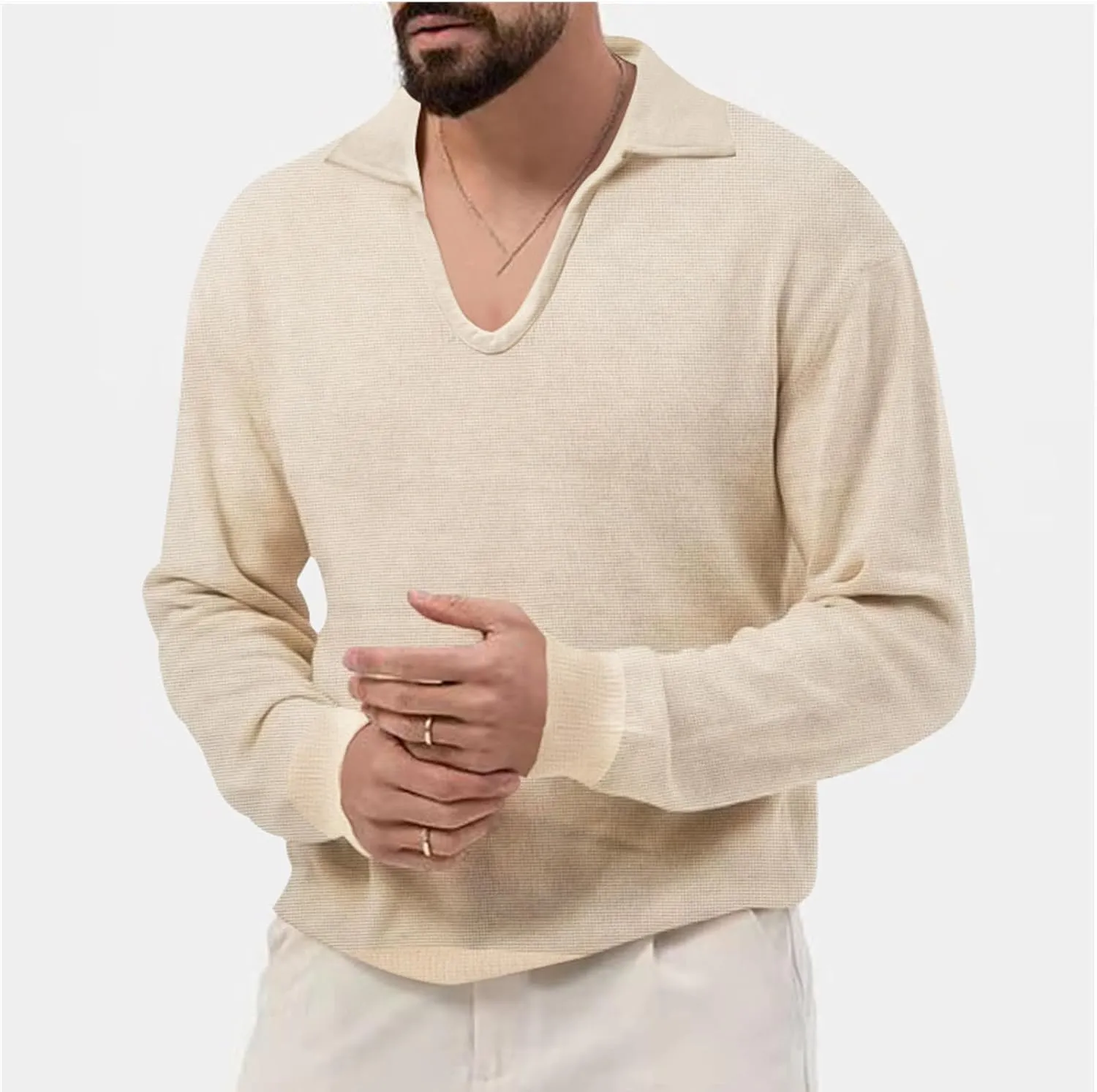 Mens Waffle Polo Shirt Long Sleeve V Neck Casual Slim Fit Collared Golf T-Shirts Thermal Textured Pullover Tops