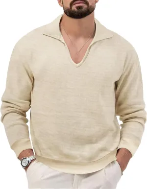 Mens Waffle Polo Shirt Long Sleeve V Neck Casual Slim Fit Collared Golf T-Shirts Thermal Textured Pullover Tops