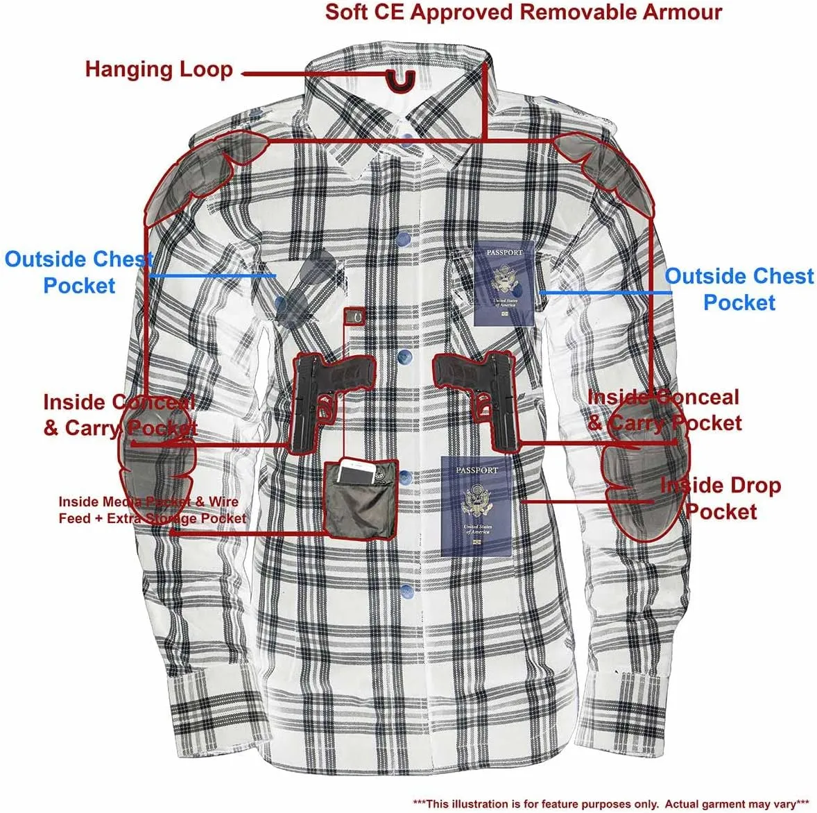 Milwaukee Leather MPL2600 Women’s Plaid Flannel Biker Shirt w/CE Approved Armor - Reinforced w/Aramid Fiber