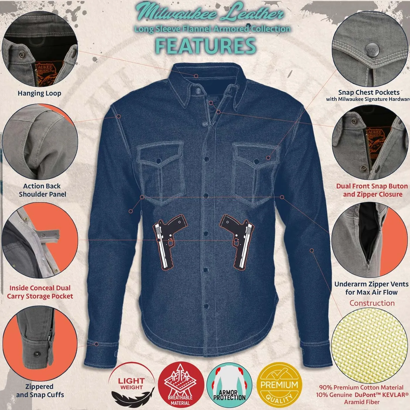 Milwaukee Leather MPL2600 Women’s Plaid Flannel Biker Shirt w/CE Approved Armor - Reinforced w/Aramid Fiber
