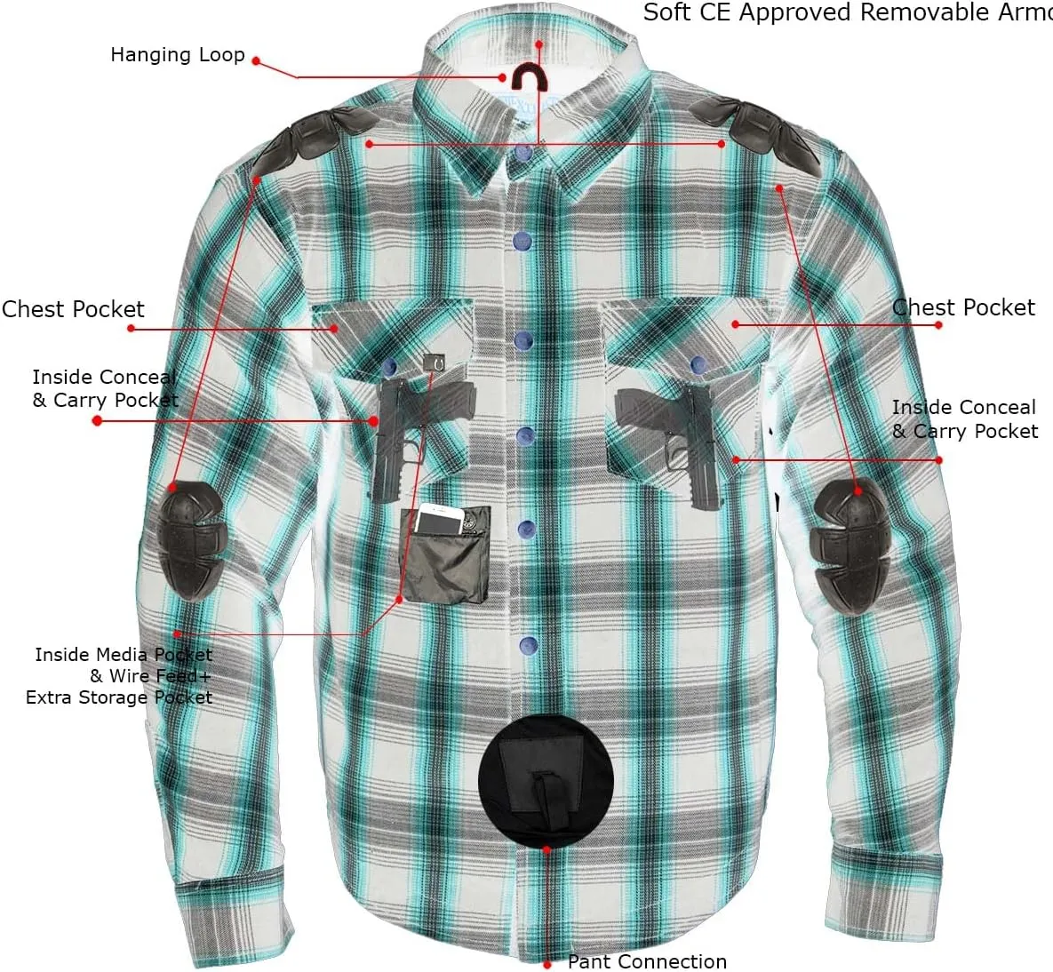 Milwaukee Leather MPM1658 Men's Plaid Flannel Biker Shirt with CE Approved Armor - Reinforced w/Aramid Fiber