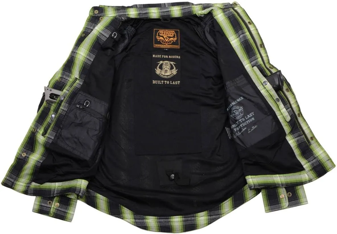 Milwaukee Leather MPM1658 Men's Plaid Flannel Biker Shirt with CE Approved Armor - Reinforced w/Aramid Fiber