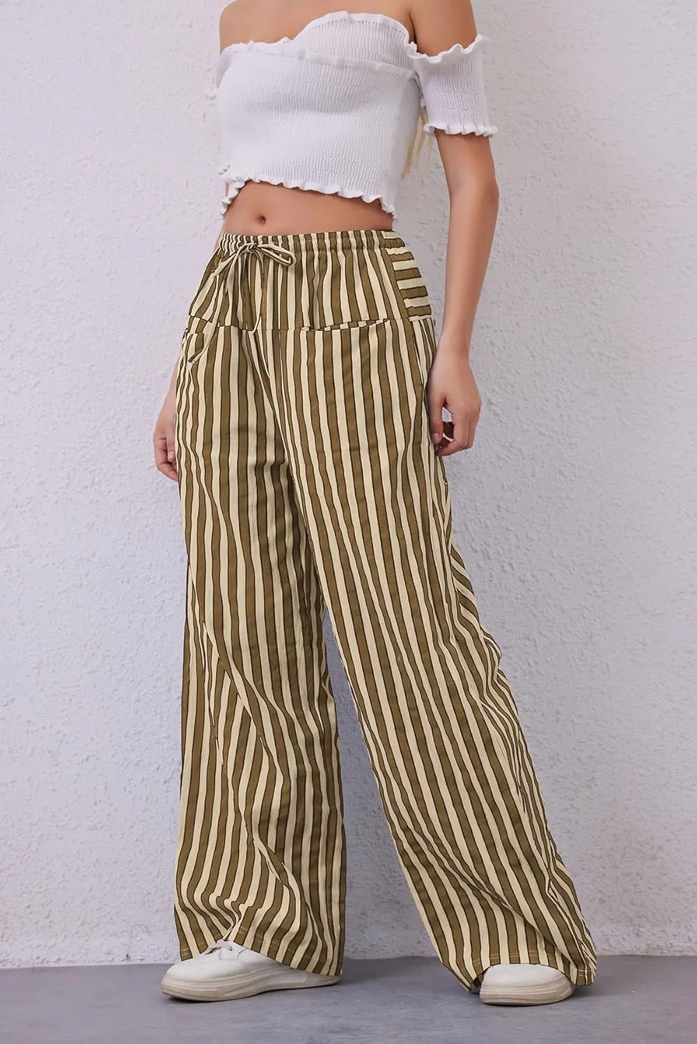 MISSACTIVER Women Drawstring Striped Pants Loose Wide Leg Trousers Casual Low Waist Pants Comfy Lounge Pants with Pockets