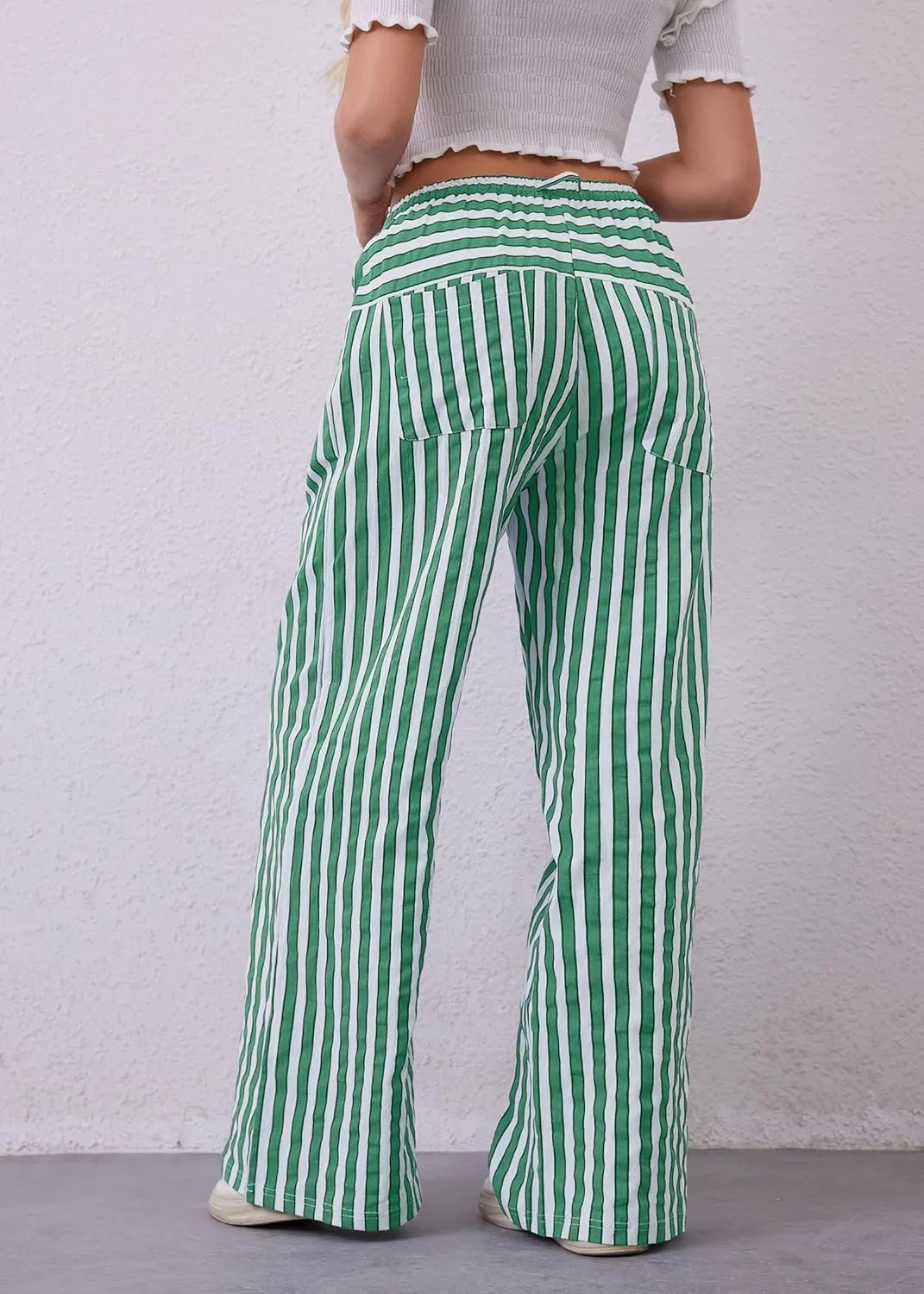 MISSACTIVER Women Drawstring Striped Pants Loose Wide Leg Trousers Casual Low Waist Pants Comfy Lounge Pants with Pockets