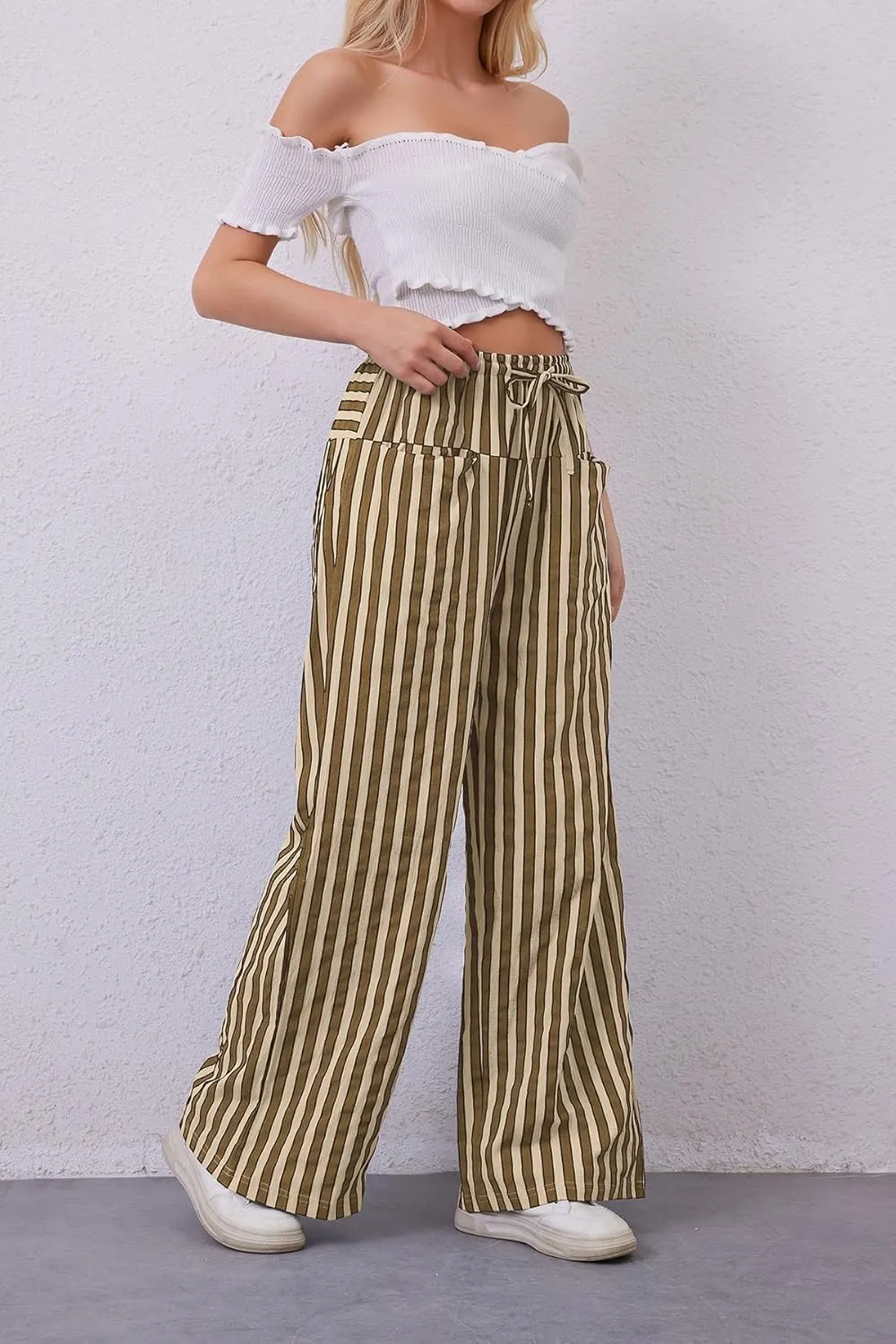 MISSACTIVER Women Drawstring Striped Pants Loose Wide Leg Trousers Casual Low Waist Pants Comfy Lounge Pants with Pockets